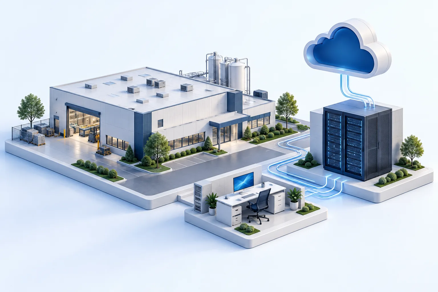 Conceptual illustration of a manufacturing facility connected to private cloud infrastructure and an employee workstation